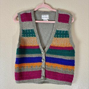 Vintage Vest Gray‎ Multicolored Striped Silk Blend Handmade 90s Retro Knit Look